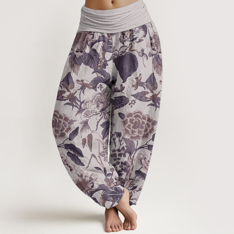 Buddha Stones Damen-Haremshose aus reiner Baumwolle mit Lotusblatt-Pfingstrosen-Muster und elastischer Taille