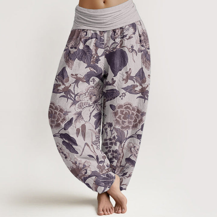 Buddha Stones Damen-Haremshose aus reiner Baumwolle mit Lotusblatt-Pfingstrosen-Muster und elastischer Taille