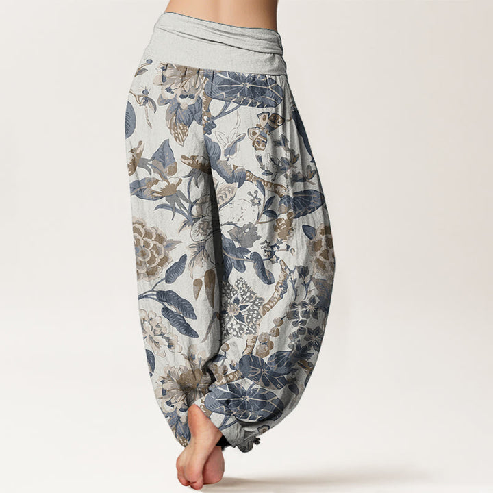 Buddha Stones Damen-Haremshose aus reiner Baumwolle mit Lotusblatt-Pfingstrosen-Muster und elastischer Taille