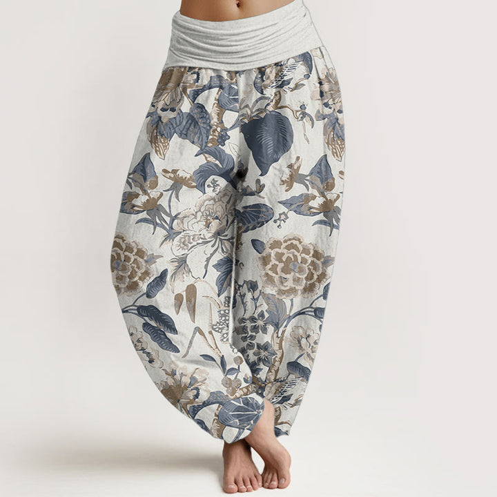 Buddha Stones Damen-Haremshose aus reiner Baumwolle mit Lotusblatt-Pfingstrosen-Muster und elastischer Taille
