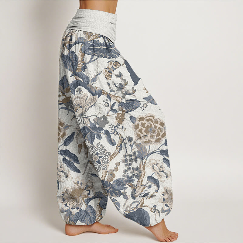 Buddha Stones Damen-Haremshose aus reiner Baumwolle mit Lotusblatt-Pfingstrosen-Muster und elastischer Taille