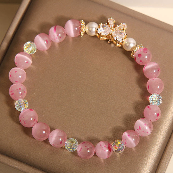 Buddha Stones Kirschblüten-Rosa Katzenaugen-Perlen-Stützarmband mit Schleife und Rosette