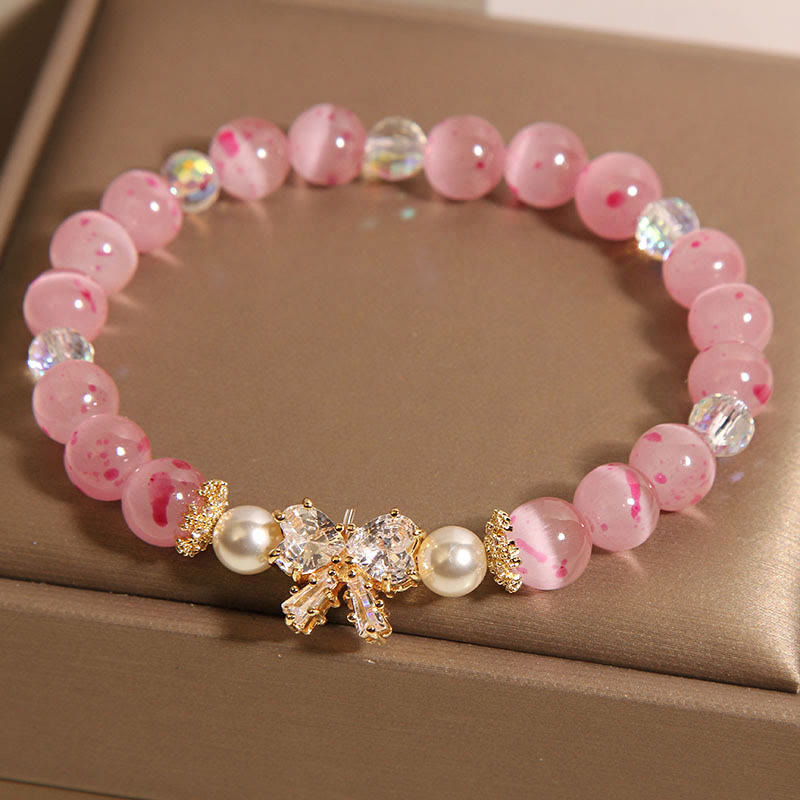 Buddha Stones Kirschblüten-Rosa Katzenaugen-Perlen-Stützarmband mit Schleife und Rosette