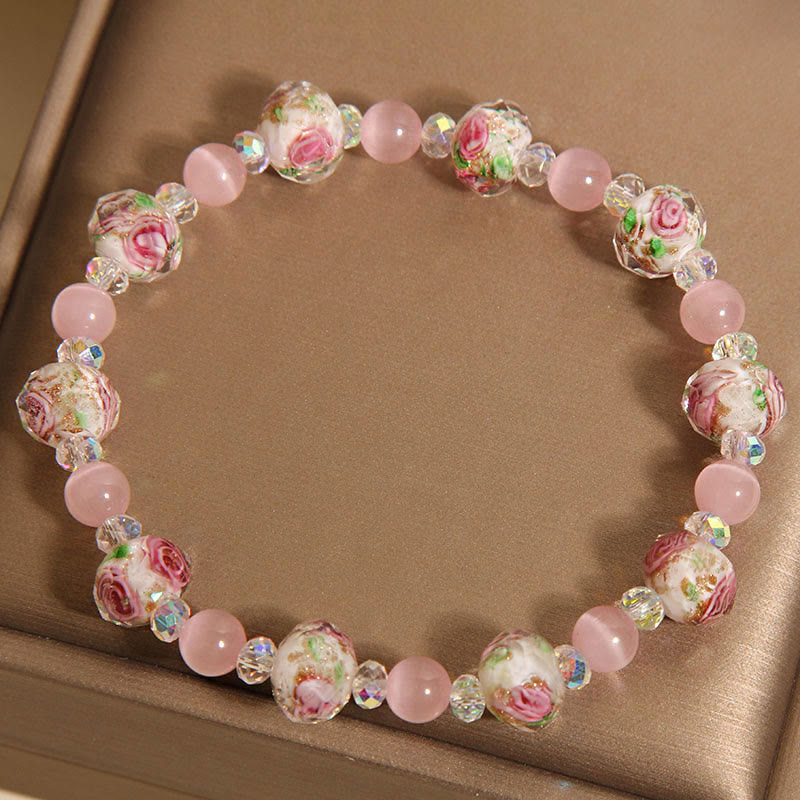 Buddha Stones Rosa Kristall Liuli Glasperlen Katzenauge Wärmearmband