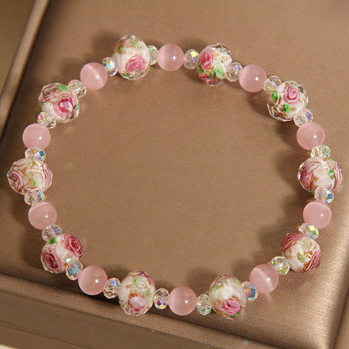 Buddha Stones Rosa Kristall Liuli Glasperlen Katzenauge Wärmearmband