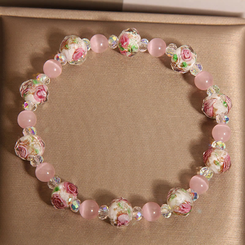 Buddha Stones Rosa Kristall Liuli Glasperlen Katzenauge Wärmearmband