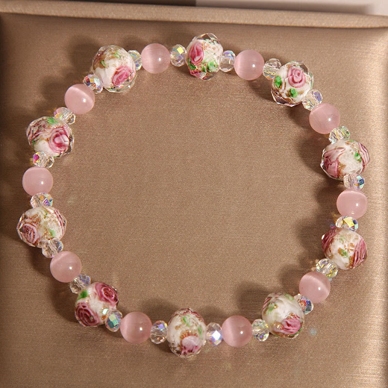 Buddha Stones Rosa Kristall Liuli Glasperlen Katzenauge Wärmearmband