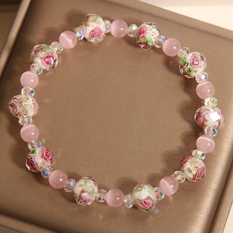 Buddha Stones Rosa Kristall Liuli Glasperlen Katzenauge Wärmearmband