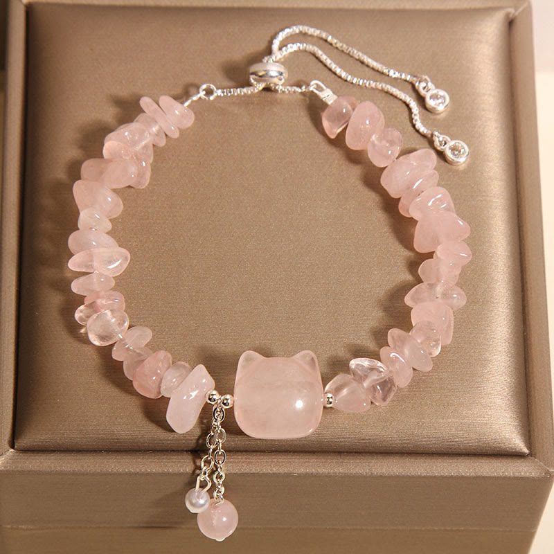 Buddha Stones Armband, natürlicher rosa Kristall-Achat, Kiesstein, Katzenkopf, beruhigend - Rosa Kristall (Handgelenkumfang 14–16 cm) - image 1