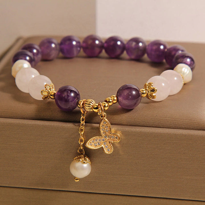 Buddha Stones Natürliche Amethyst Perle Kristall Spirituelle Heilung Schmetterling Charm Armband