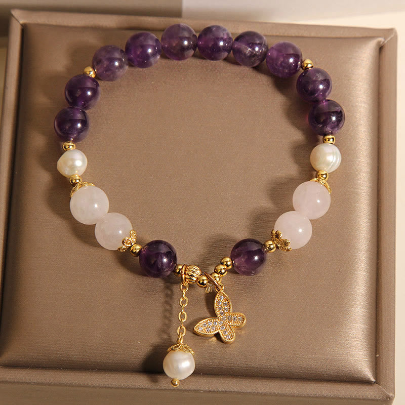 Buddha Stones Natürliche Amethyst Perle Kristall Spirituelle Heilung Schmetterling Charm Armband