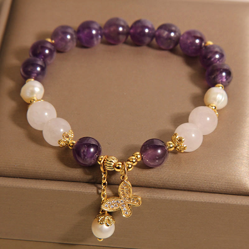 Buddha Stones Natürliche Amethyst Perle Kristall Spirituelle Heilung Schmetterling Charm Armband