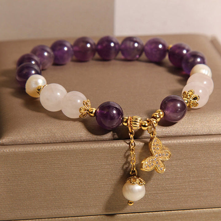Buddha Stones Natürliche Amethyst Perle Kristall Spirituelle Heilung Schmetterling Charm Armband