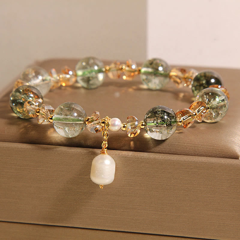 Buddha Stones Armband aus natürlichem grünem Phantomperlen-Kieskristallstein