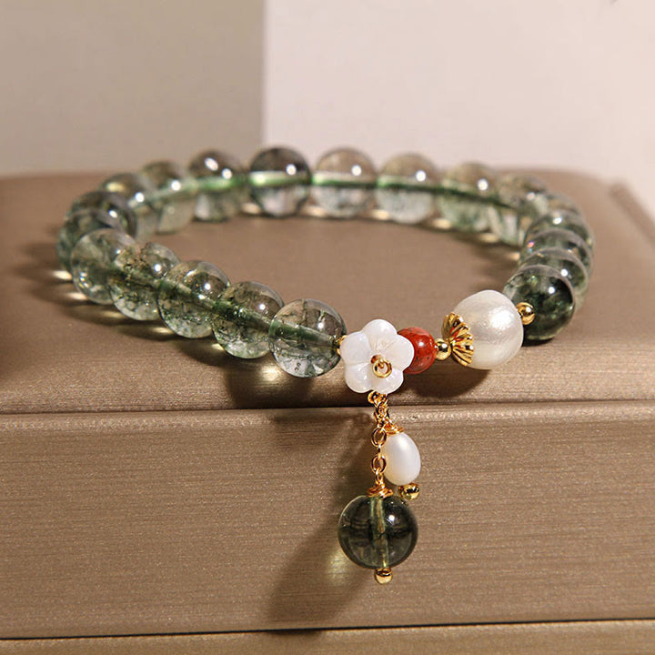Buddha Stones Natürliches grünes Phantomperlen-Muschel-Blumen-Positives Armband