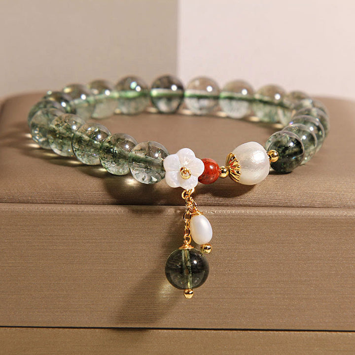 Buddha Stones Natürliches grünes Phantomperlen-Muschel-Blumen-Positives Armband