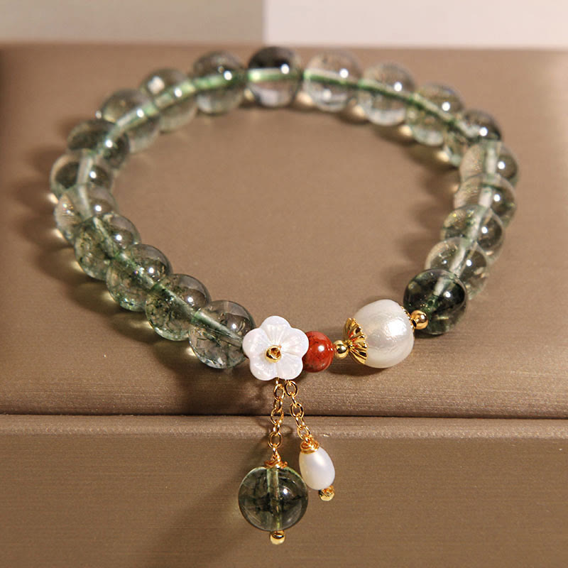 Buddha Stones Natürliches grünes Phantomperlen-Muschel-Blumen-Positives Armband