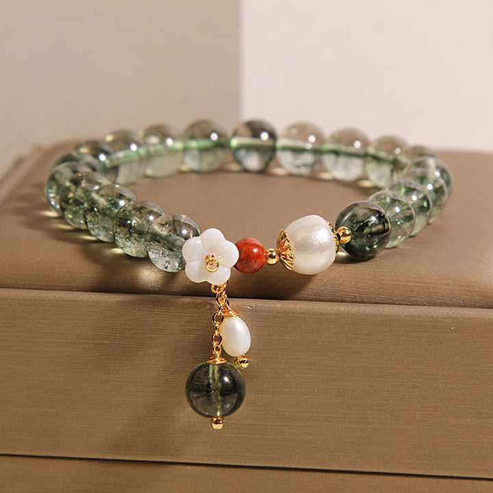 Buddha Stones Natürliches grünes Phantomperlen-Muschel-Blumen-Positives Armband