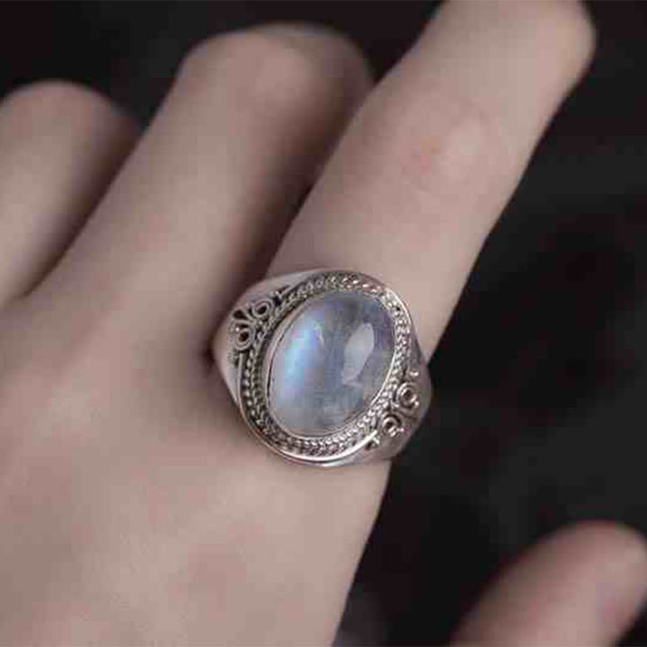 Buddha Stones 925 Sterling Silber Handgefertigter natürlicher Mondstein Heilung Verstellbarer Ring