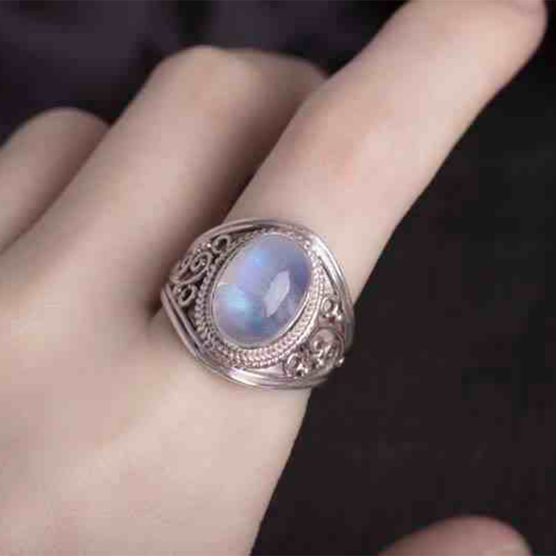 Buddha Stones 925 Sterling Silber Handgefertigter natürlicher Mondstein Heilung Verstellbarer Ring