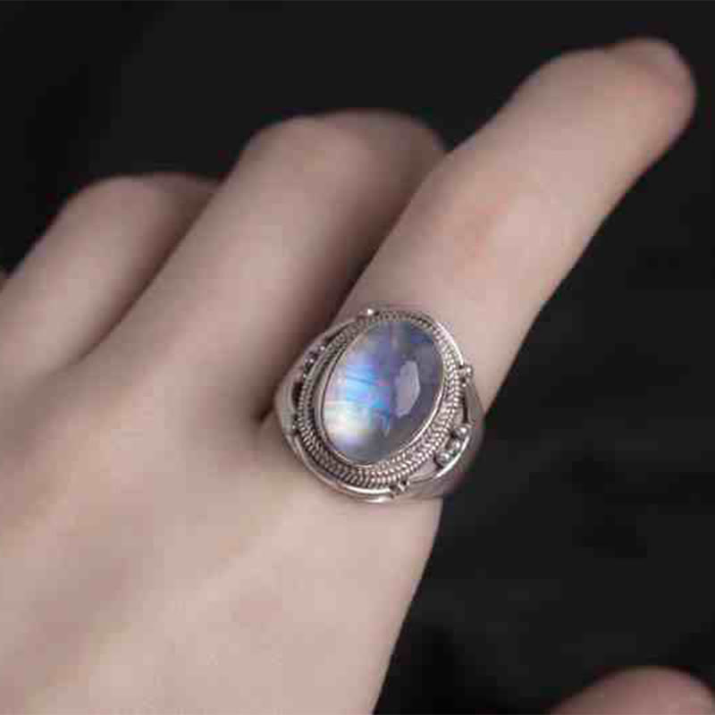 Buddha Stones 925 Sterling Silber Handgefertigter natürlicher Mondstein Heilung Verstellbarer Ring
