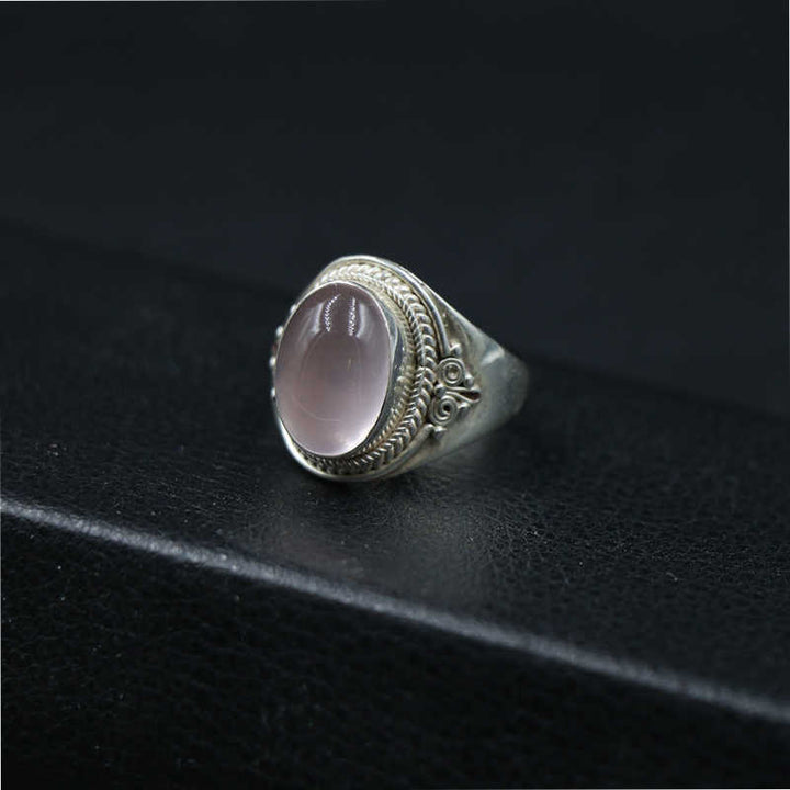 Buddha Stones 925 Sterling Silber Handgefertigter natürlicher Rosenquarz Liebevolle Energie Verstellbarer Ring