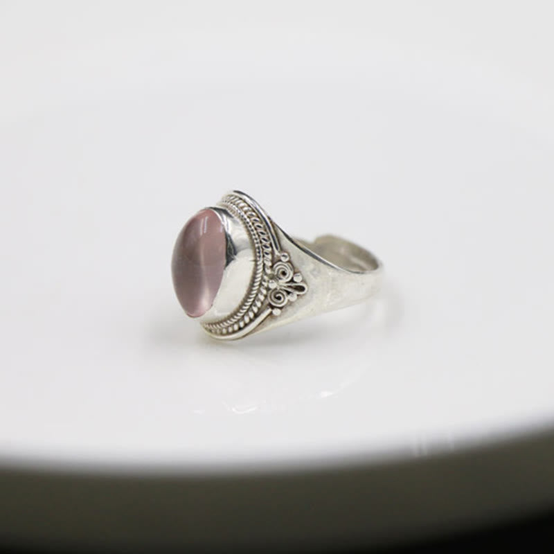 Buddha Stones 925 Sterling Silber Handgefertigter natürlicher Rosenquarz Liebevolle Energie Verstellbarer Ring