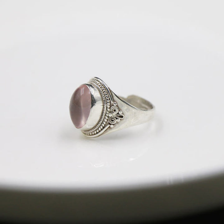 Buddha Stones 925 Sterling Silber Handgefertigter natürlicher Rosenquarz Liebevolle Energie Verstellbarer Ring