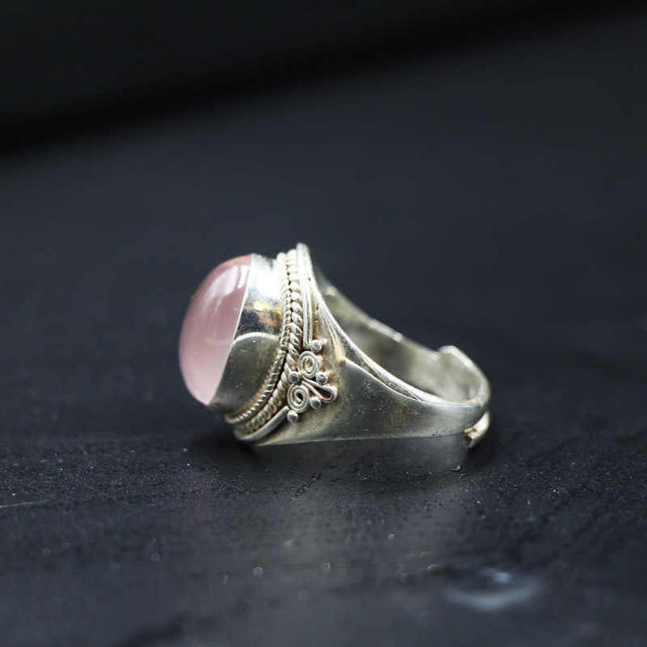 Buddha Stones 925 Sterling Silber Handgefertigter natürlicher Rosenquarz Liebevolle Energie Verstellbarer Ring