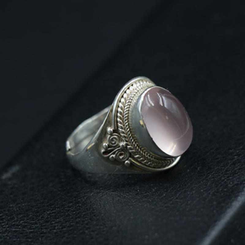 Buddha Stones 925 Sterling Silber Handgefertigter natürlicher Rosenquarz Liebevolle Energie Verstellbarer Ring