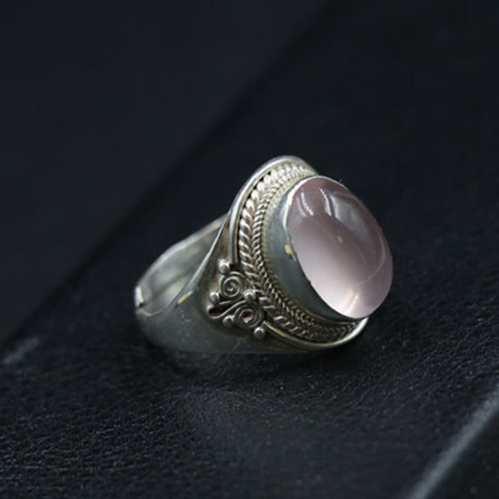Buddha Stones 925 Sterling Silber Handgefertigter natürlicher Rosenquarz Liebevolle Energie Verstellbarer Ring