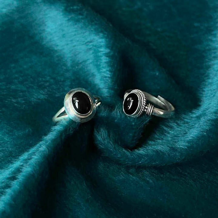 Buddha Stones 925 Sterling Silber Handgefertigter Schwarzer Onyx Glücksring Verstellbar