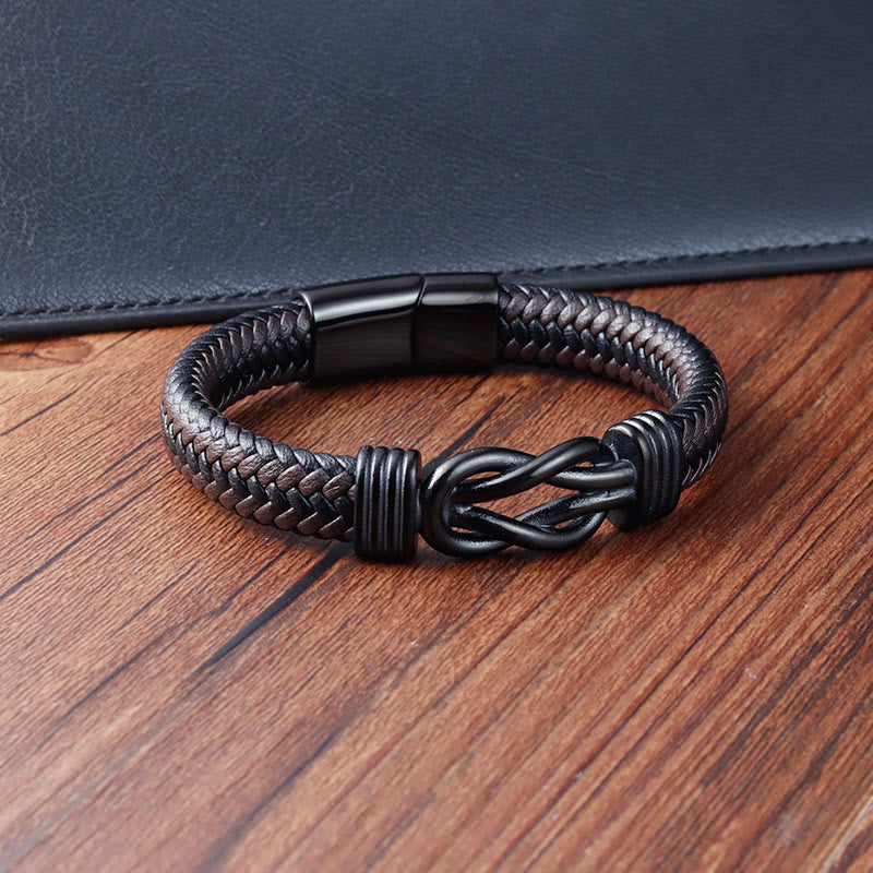 Armband mit Lederschnalle und Buddha Stones mit Endlosknotenmuster aus Titanstahl
