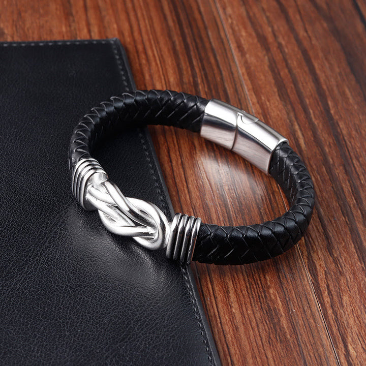 Armband mit Lederschnalle und Buddha Stones mit Endlosknotenmuster aus Titanstahl