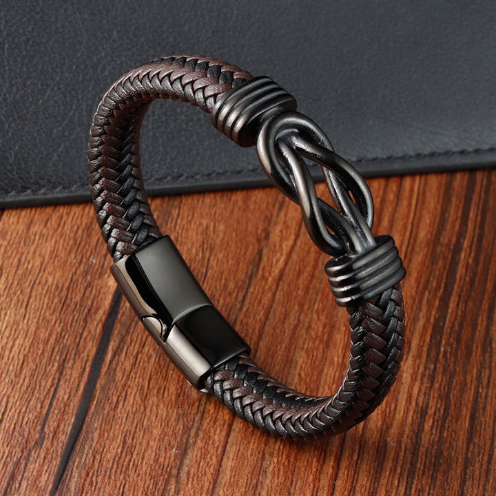 Armband mit Lederschnalle und Buddha Stones mit Endlosknotenmuster aus Titanstahl