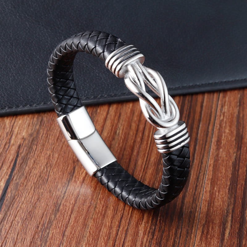 Armband mit Lederschnalle und Buddha Stones mit Endlosknotenmuster aus Titanstahl