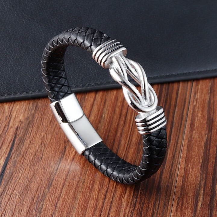 Armband mit Lederschnalle und Buddha Stones mit Endlosknotenmuster aus Titanstahl