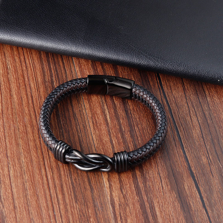 Armband mit Lederschnalle und Buddha Stones mit Endlosknotenmuster aus Titanstahl