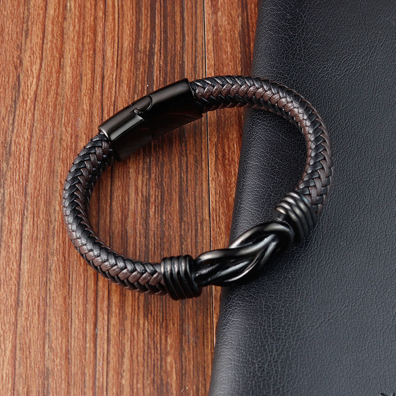 Armband mit Lederschnalle und Buddha Stones mit Endlosknotenmuster aus Titanstahl