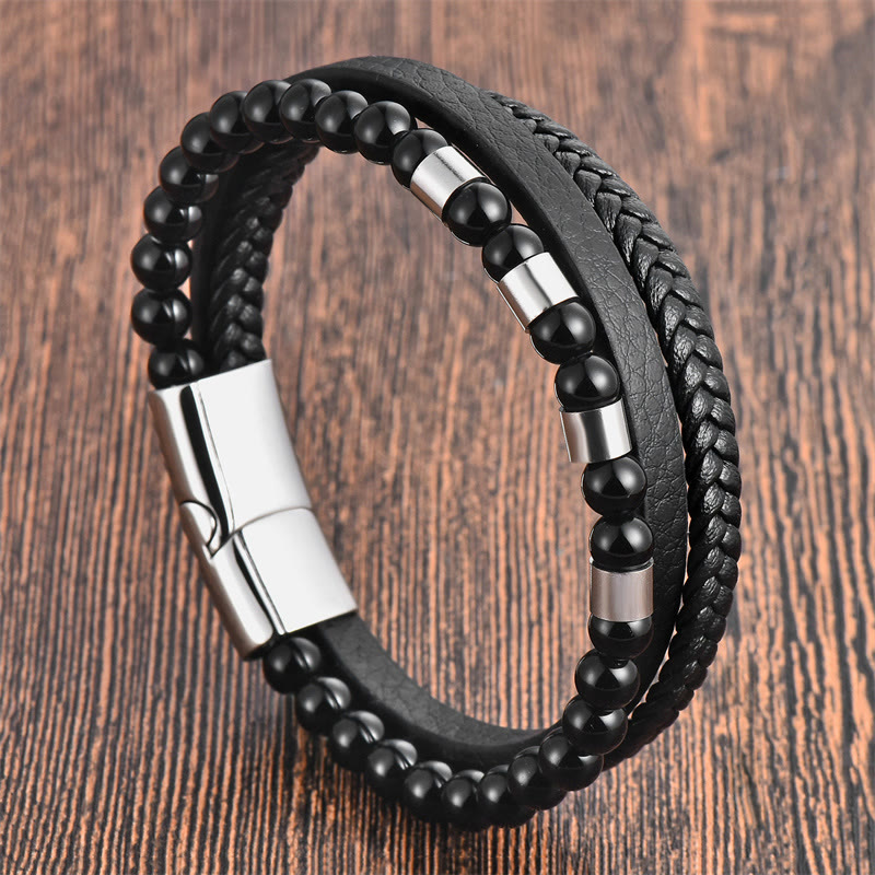 Buddha Stones Frosted Stone Mehrschichtiges Lederarmband aus Titanstahl mit Balance-Schnalle
