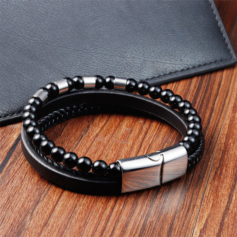 Buddha Stones Frosted Stone Mehrschichtiges Lederarmband aus Titanstahl mit Balance-Schnalle