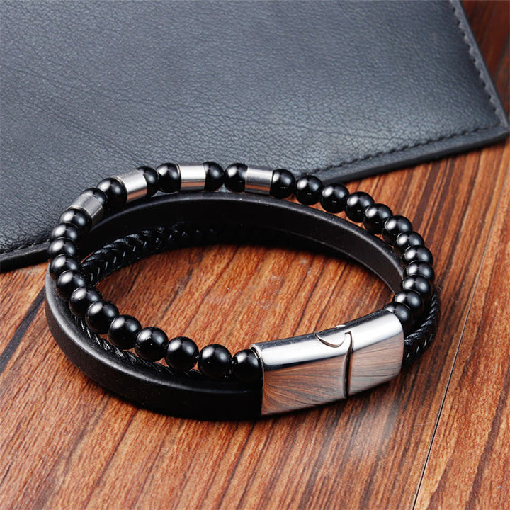 Buddha Stones Frosted Stone Mehrschichtiges Lederarmband aus Titanstahl mit Balance-Schnalle