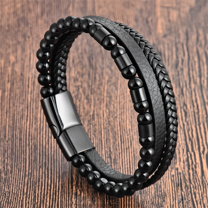 Buddha Stones Frosted Stone Mehrschichtiges Lederarmband aus Titanstahl mit Balance-Schnalle