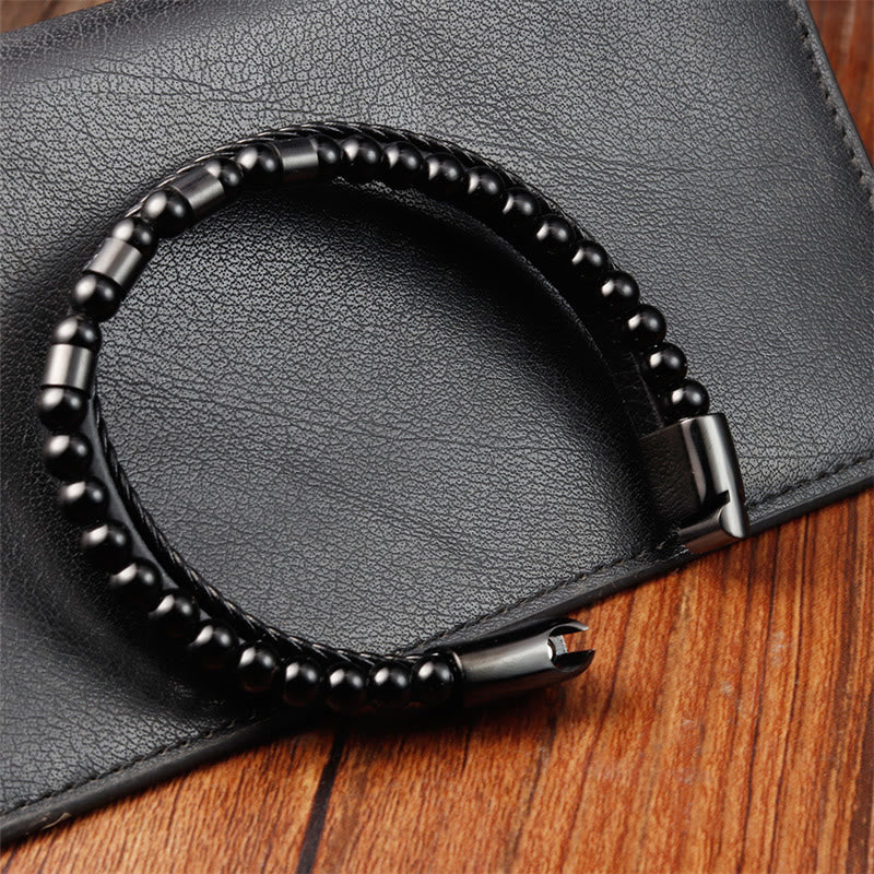Buddha Stones Frosted Stone Mehrschichtiges Lederarmband aus Titanstahl mit Balance-Schnalle