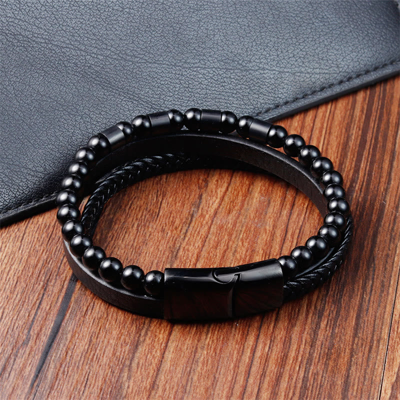 Buddha Stones Frosted Stone Mehrschichtiges Lederarmband aus Titanstahl mit Balance-Schnalle