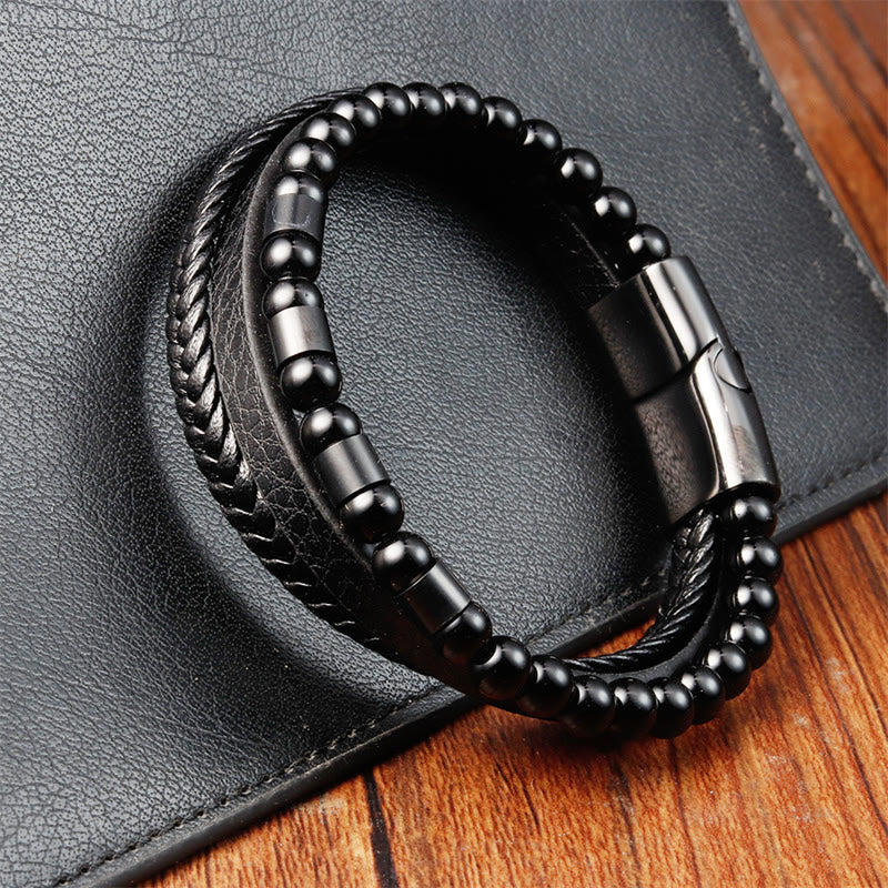 Buddha Stones Frosted Stone Mehrschichtiges Lederarmband aus Titanstahl mit Balance-Schnalle