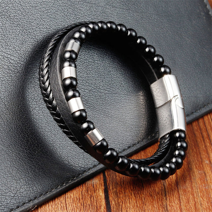 Buddha Stones Frosted Stone Mehrschichtiges Lederarmband aus Titanstahl mit Balance-Schnalle