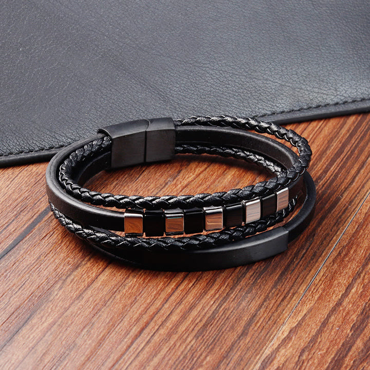 Buddha Stones Quadratisches Titanstahl-Leder-Armband mit mehrschichtiger Schnalle