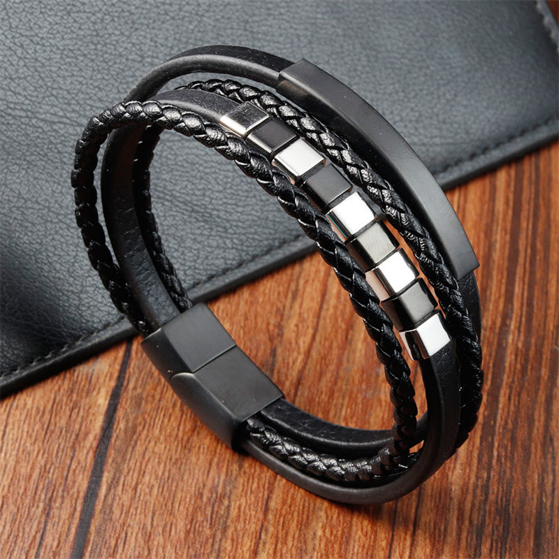 Buddha Stones Quadratisches Titanstahl-Leder-Armband mit mehrschichtiger Schnalle