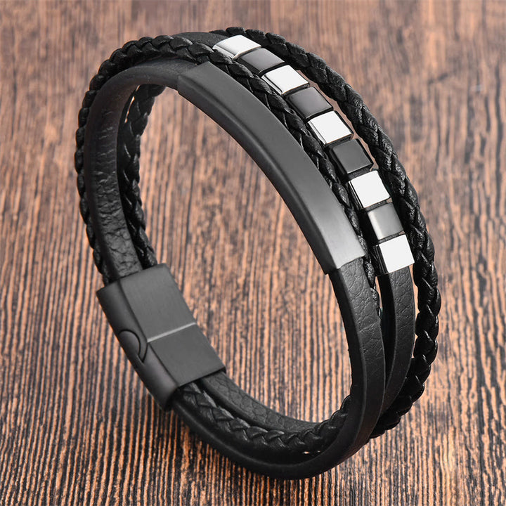 Buddha Stones Quadratisches Titanstahl-Leder-Armband mit mehrschichtiger Schnalle